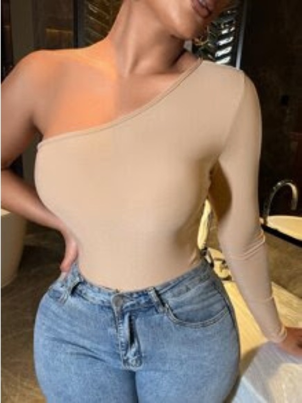 SHEIN Tan One Shoulder Long Sleeve Fitted Crop Top Size M